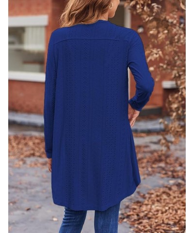 Women's Cardigans Lightweight Long Sleeve Button Down High Low Eyelet Knit Loose Cardigans with Pockets Royal Blue $10.25 Swe...