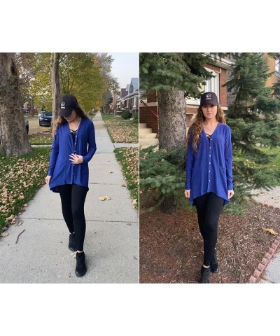 Women's Cardigans Lightweight Long Sleeve Button Down High Low Eyelet Knit Loose Cardigans with Pockets Royal Blue $10.25 Swe...