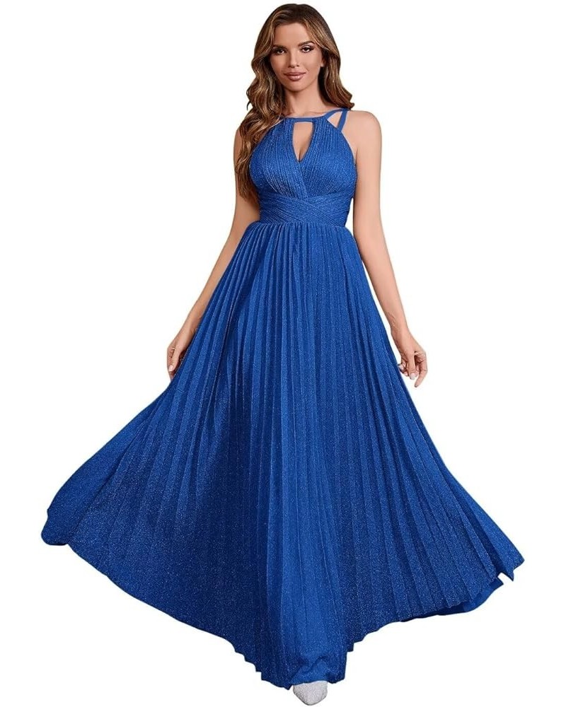 Spaghetti Strap Long Prom Dresses for Women 2024 Ball Gown A Line V-Neck Sparkly Formal Evening Gowns for Wedding B-royal Blu...