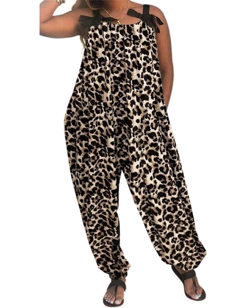 Wonens Plus Size Overalls Spaghetti Strap Baggy Romper Harem Wide Leg Jumpsuit With Pockets Z-leopard $24.48 Jumpsuits