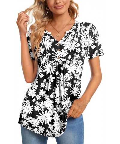 Womens Short Sleeve Tunic Tops Henley Shirt V-neck Button Up Blouse Casual Pleated Basic Pullover Sun Flowers+black $12.74 Tops