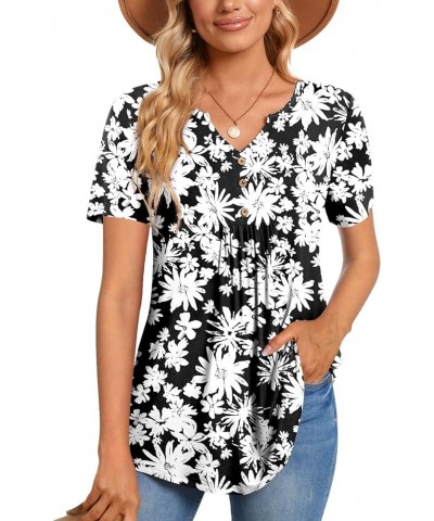 Womens Short Sleeve Tunic Tops Henley Shirt V-neck Button Up Blouse Casual Pleated Basic Pullover Sun Flowers+black $12.74 Tops