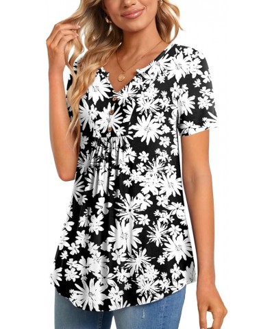 Womens Short Sleeve Tunic Tops Henley Shirt V-neck Button Up Blouse Casual Pleated Basic Pullover Sun Flowers+black $12.74 Tops