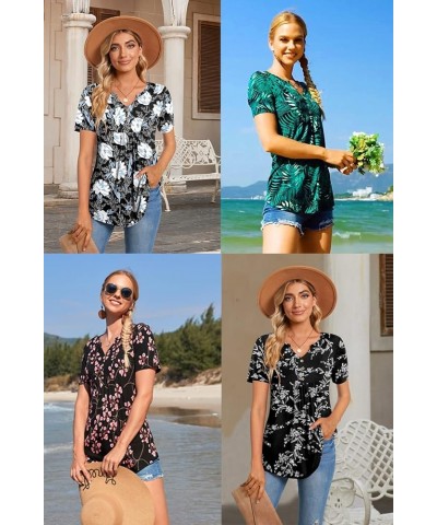 Womens Short Sleeve Tunic Tops Henley Shirt V-neck Button Up Blouse Casual Pleated Basic Pullover Sun Flowers+black $12.74 Tops