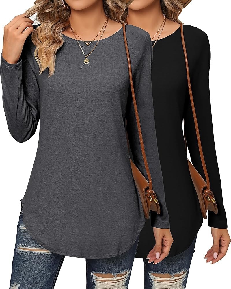 2 Pack Women's Long Sleeve Shirts, Loose Fit Crew Neck Tunic Tops Loose Fit Side Split Basic Pullover Tee Shirts Black, Gray ...