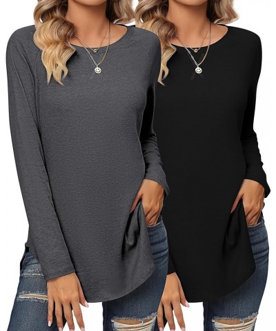 2 Pack Women's Long Sleeve Shirts, Loose Fit Crew Neck Tunic Tops Loose Fit Side Split Basic Pullover Tee Shirts Black, Gray ...