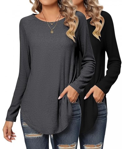 2 Pack Women's Long Sleeve Shirts, Loose Fit Crew Neck Tunic Tops Loose Fit Side Split Basic Pullover Tee Shirts Black, Gray ...