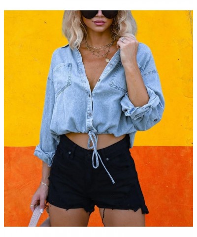 Women's Loose Lapel 3/4 Sleeve Tie Knot Denim Shirt Short Crop Top N01 Light Blue $17.43 Blouses