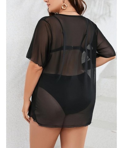 Women's Plus Size V Neck Lettuce Trim Short Sleeve Sheer Cover Up Beachwear Black $12.25 Swimsuits