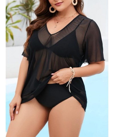 Women's Plus Size V Neck Lettuce Trim Short Sleeve Sheer Cover Up Beachwear Black $12.25 Swimsuits