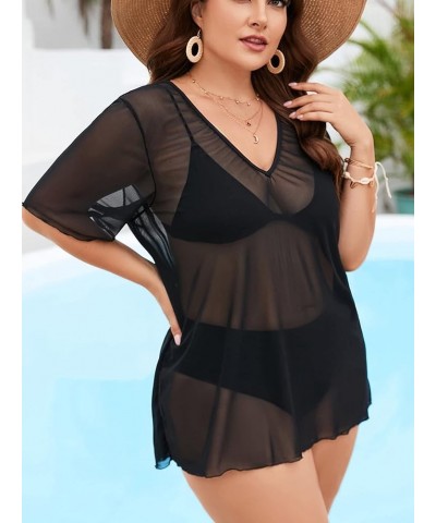 Women's Plus Size V Neck Lettuce Trim Short Sleeve Sheer Cover Up Beachwear Black $12.25 Swimsuits