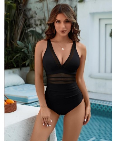 Women's Tummy Control Swimsuits Mesh Sexy One Piece Bathing Suits Slimming V Neck Swimwear A-Solidcolor Black51 $19.71 Swimsuits