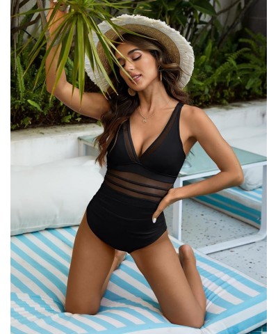 Women's Tummy Control Swimsuits Mesh Sexy One Piece Bathing Suits Slimming V Neck Swimwear A-Solidcolor Black51 $19.71 Swimsuits