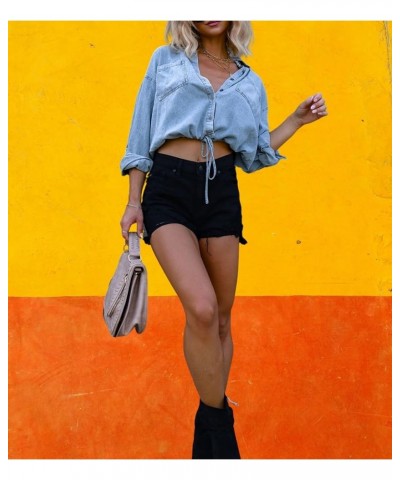 Women's Loose Lapel 3/4 Sleeve Tie Knot Denim Shirt Short Crop Top N01 Light Blue $17.43 Blouses