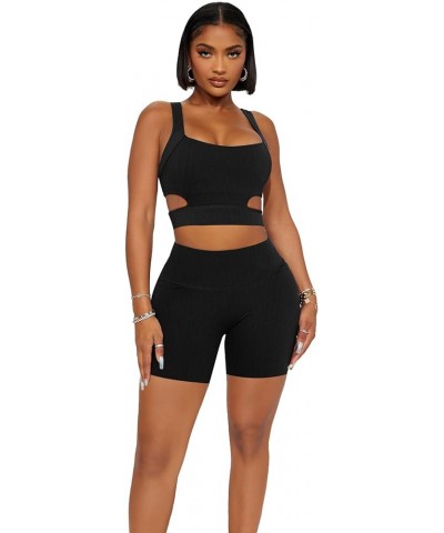 Workout Sets for Women 2 Piece Seamless Ribbed Hollow out Crop Tank High Waist Shorts Yoga Outfits Tracksuits Black $13.02 Ac...