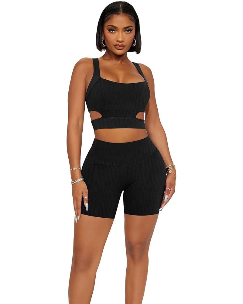 Workout Sets for Women 2 Piece Seamless Ribbed Hollow out Crop Tank High Waist Shorts Yoga Outfits Tracksuits Black $13.02 Ac...