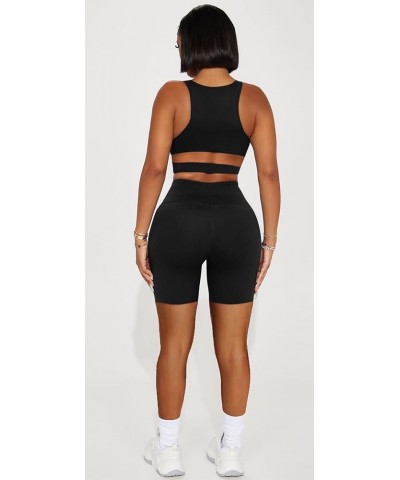 Workout Sets for Women 2 Piece Seamless Ribbed Hollow out Crop Tank High Waist Shorts Yoga Outfits Tracksuits Black $13.02 Ac...