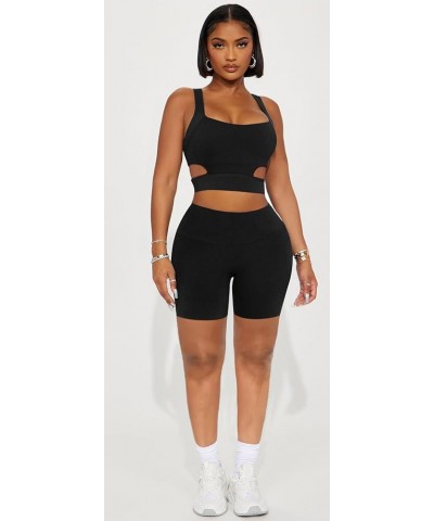 Workout Sets for Women 2 Piece Seamless Ribbed Hollow out Crop Tank High Waist Shorts Yoga Outfits Tracksuits Black $13.02 Ac...