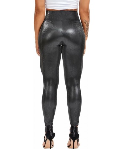 Fleece Lined Leather Pants for Women Faux Leather Leggings Butt Lifting Black Sexy High Waisted Wet Look Tights B-snakei $13....