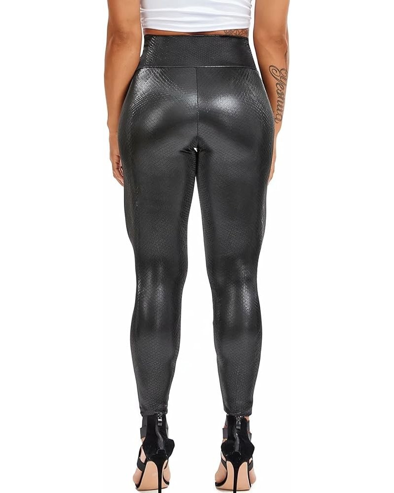 Fleece Lined Leather Pants for Women Faux Leather Leggings Butt Lifting Black Sexy High Waisted Wet Look Tights B-snakei $13....