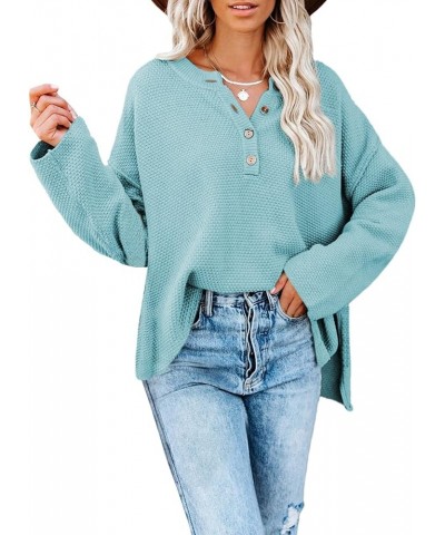 Womens Button V Neck Sweaters Long Sleeve Cable Knit Pullover Sweater Tops A Bright Blue $11.50 Sweaters