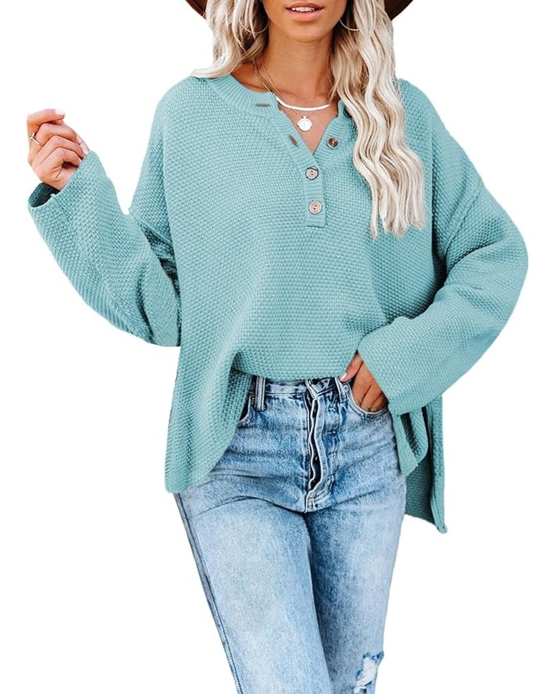 Womens Button V Neck Sweaters Long Sleeve Cable Knit Pullover Sweater Tops A Bright Blue $11.50 Sweaters