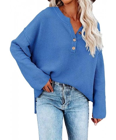 Oversized Sweater for Women Fall Waffle Knit V Neck Long Sleeve Shirts Side Split Henley Lightweight Pullover Sweater Blue $1...