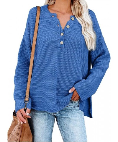 Oversized Sweater for Women Fall Waffle Knit V Neck Long Sleeve Shirts Side Split Henley Lightweight Pullover Sweater Blue $1...