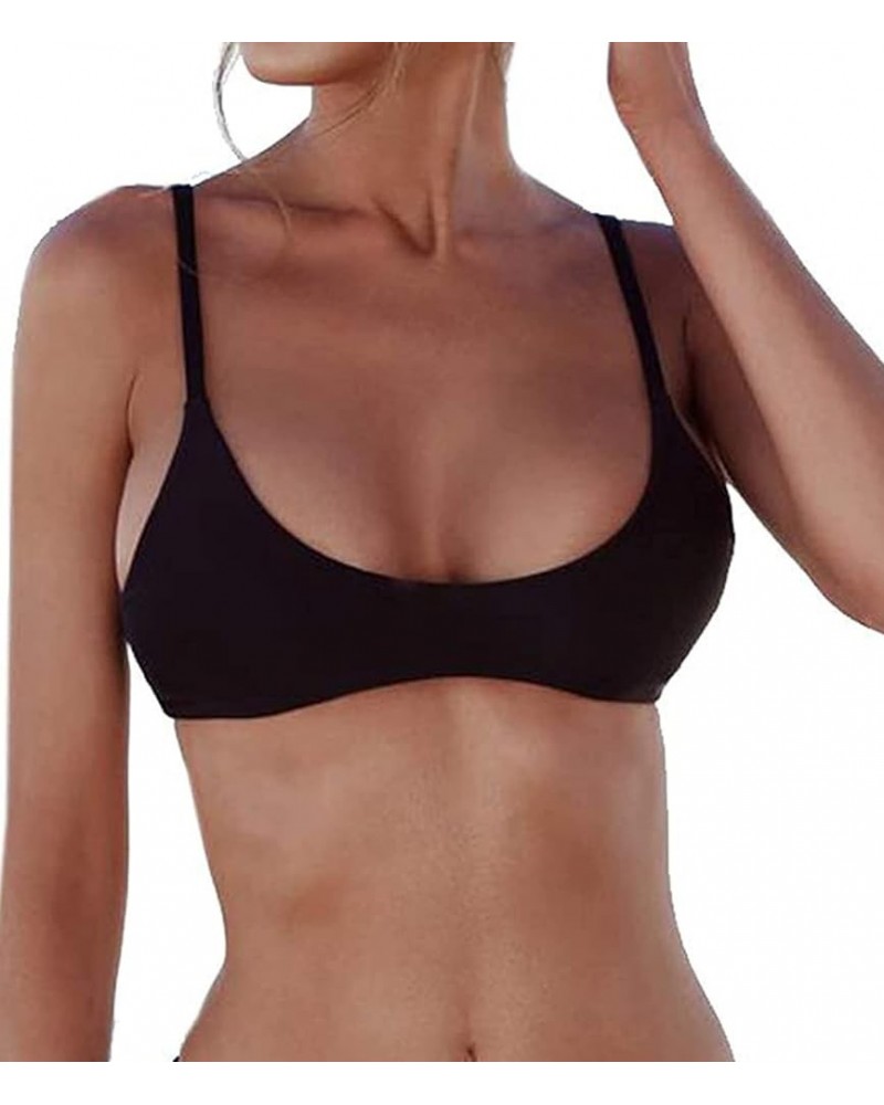 Women's Bikini Tops Scoop Neck Spaghetti Straps Swimsuit Bathing Suit Top Black $11.48 Swimsuits