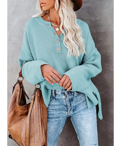 Womens Button V Neck Sweaters Long Sleeve Cable Knit Pullover Sweater Tops A Bright Blue $11.50 Sweaters