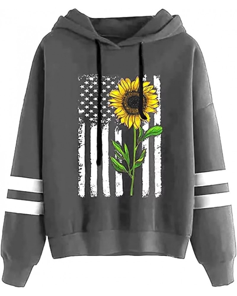 Women Sunflower Print Sweatshirts Color Block Long Sleeve Hoodies Lightweight Drawstring Pullover Tops Dark Grey $16.49 Hoodi...