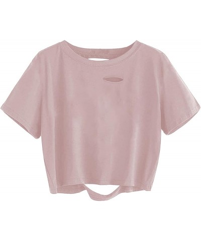 Women Ripped Oversize Crop Tops Short Sleeve Summer Casual Tee Shirts Pink a $11.04 Tops