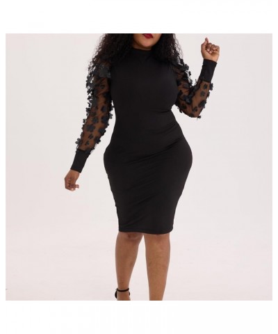 Women Ribbed Dress Sexy Bodycon Mesh Floral Long Sleeve Club Night Out Midi Party Dresses Black $22.78 Dresses