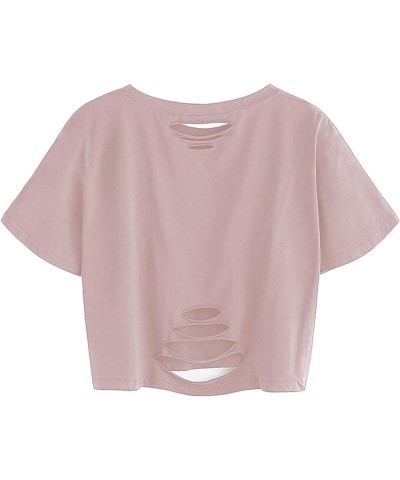 Women Ripped Oversize Crop Tops Short Sleeve Summer Casual Tee Shirts Pink a $11.04 Tops