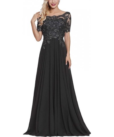 Women's Long Lace Mother of The Bride Dresses with Sleeves Bateau Chiffon Maxi Formal Evening Gowns Black $39.74 Dresses