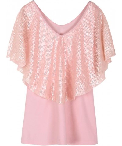 Women's Tunic Tops Sequin Overlay Cold Shoulder Glitter Cocktail Party Blouse Top Matte Pink $15.60 Tops