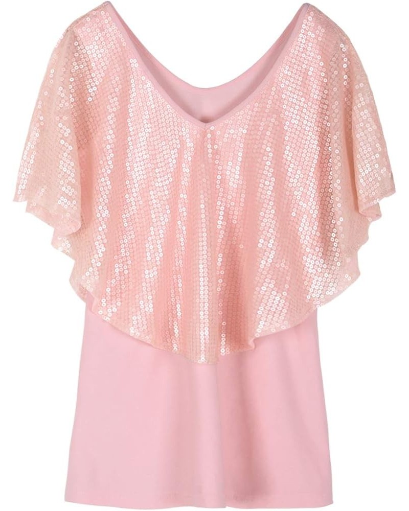 Women's Tunic Tops Sequin Overlay Cold Shoulder Glitter Cocktail Party Blouse Top Matte Pink $15.60 Tops