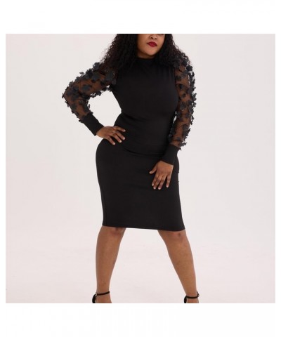 Women Ribbed Dress Sexy Bodycon Mesh Floral Long Sleeve Club Night Out Midi Party Dresses Black $22.78 Dresses