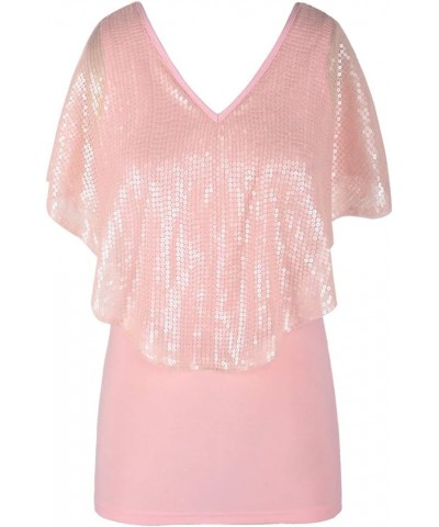 Women's Tunic Tops Sequin Overlay Cold Shoulder Glitter Cocktail Party Blouse Top Matte Pink $15.60 Tops