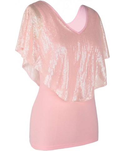 Women's Tunic Tops Sequin Overlay Cold Shoulder Glitter Cocktail Party Blouse Top Matte Pink $15.60 Tops