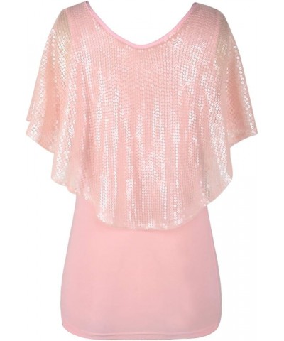 Women's Tunic Tops Sequin Overlay Cold Shoulder Glitter Cocktail Party Blouse Top Matte Pink $15.60 Tops