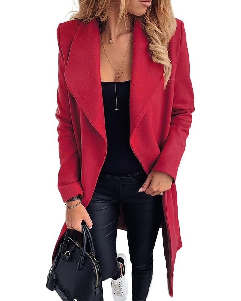 Women's Long Sleeve Lapel Woolen Blend Overcoat Waist Tie Plus Size Warm Wool Long Coat Jackets Red $16.45 Coats