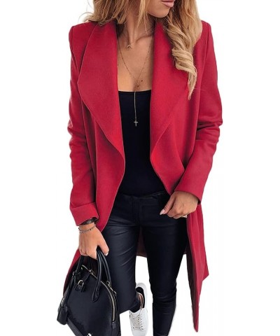 Women's Long Sleeve Lapel Woolen Blend Overcoat Waist Tie Plus Size Warm Wool Long Coat Jackets Red $16.45 Coats