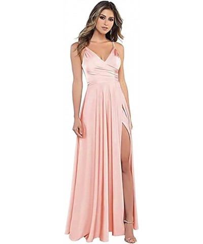 Women's Spaghetti Strap Bridesmaid Dresses with Slit Long A-Line V Neck Satin Formal Evening Party Dress YJY18 Blush $43.98 D...