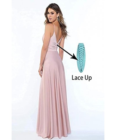 Women's Spaghetti Strap Bridesmaid Dresses with Slit Long A-Line V Neck Satin Formal Evening Party Dress YJY18 Blush $43.98 D...