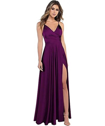 Women's Spaghetti Strap Bridesmaid Dresses with Slit Long A-Line V Neck Satin Formal Evening Party Dress YJY18 Blush $43.98 D...