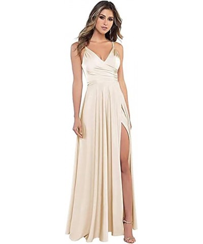 Women's Spaghetti Strap Bridesmaid Dresses with Slit Long A-Line V Neck Satin Formal Evening Party Dress YJY18 Blush $43.98 D...