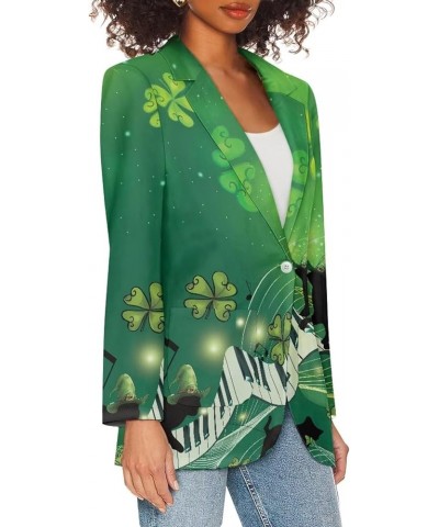 Women Open Front Blazers One Button Long Sleeve Casual Office Slim Suit Jacket with Pockets St. Patrick's Day Piano Key Cat $...