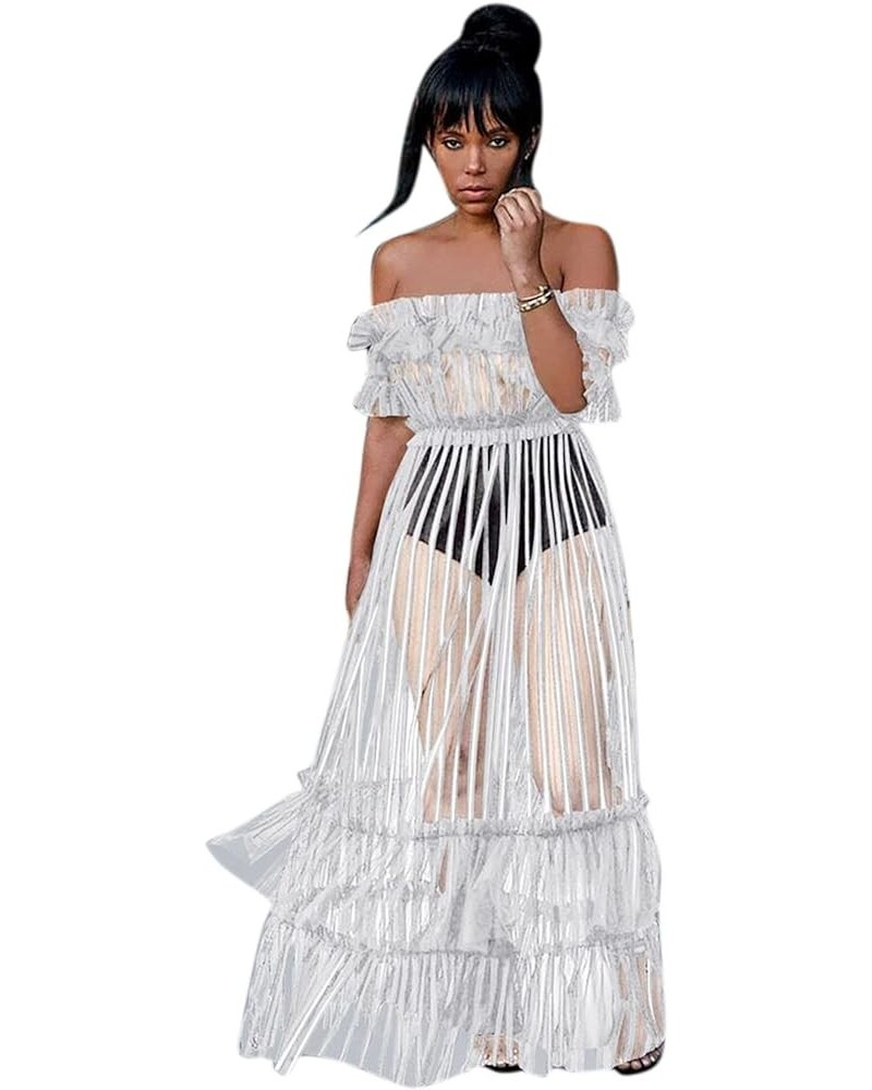 Women Sexy Lace Off Shoulder Mesh See Through Long Pleated Maxi Dress Club Party Gown White $13.34 Dresses