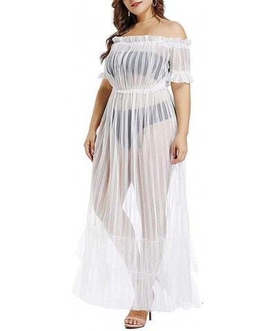 Women Sexy Lace Off Shoulder Mesh See Through Long Pleated Maxi Dress Club Party Gown White $13.34 Dresses